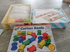 3 Childrens Toys Wooden Farm Dominoes, Galt Plastic Cotton reels,Usborne Knitti