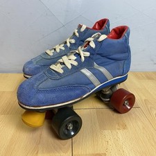 Vintage Mens Roller Skates Boots Size 42 UK8 Blue Retro Suede Quad Wheel 80s 70s