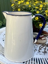 Vintage French Antique Enamel Jug Pitcher, Blue and White, 25cm tall