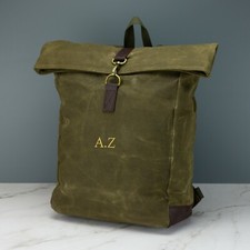 Personalised Canvas Backpack Bag - Waxed Canvas Rolltop Embroidered Bag