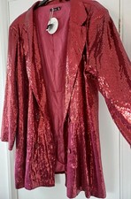 LOVELY 24 BOOHOO  RUBY RED SEQUIN EVENING BLAZER JACKET DRESS DOUBLE BREASTED 