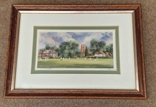 Terry Harrison Signed Framed Print – Crondall Cricket Scene, Hampshire Village