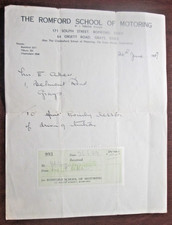 1939 Romford school of Motoring  Illustrated Billhead -  for Driving Lessons 