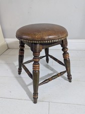 Antique Stool Leather Padded Seat Turned Legs  Stretchers FREE POSTAGE 