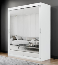 Modern Sliding Door Wardrobe Full Mirror Optional Drawers 5 Sizes 2 Hanging Rail