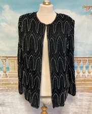 Evening Jacket 3XL Black Silk White Beaded Vintage Occasion Art Deco Gatsby