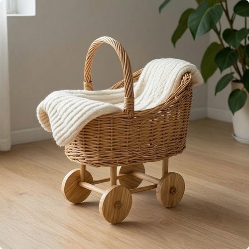 Wicker stroller natural doll - stroller,