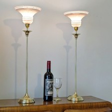 MCM Vintage Pair Tall Brass Lamps Marble Glass Gilt Shades Art Deco 1970s 60s