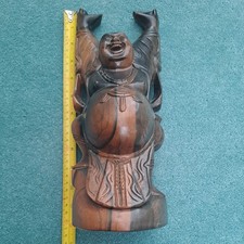 Hand Carved SOLID Hard Wood Happy Buddha Statue Raised Arms HEAVY!