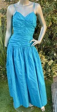 Vintage Designer Dress '80s Blue silk Strappy Ball Gown Prom Dress S