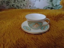 Spode Miniature Bone China White Tea Cup & Saucer, Turquoise & Gold Cherub Angel