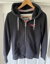 SUPERDRY Womens Zip Hoodie Sweater UK 8 Medium Navy Blue Cotton Orange Label