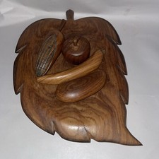 VINTAGE WOODEN HAND CARVED LEAF SHAPED PLATE WITH CARVED FRUITS 31x21cm Approx