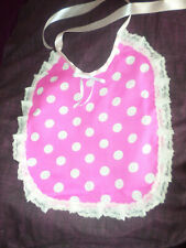  PINK SPOTTY   ADULT BABY SISSY BIB LACE TRIMMED SATIN TIES PLASTIC BACKED