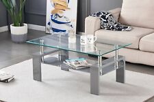 Coffee Table Clear Glass Top with Grey Shelf and Grey High Gloss Legs Modern