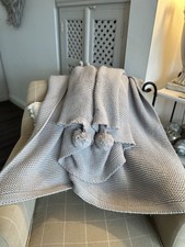 Chunky Knitted Grey Blanket/ Snuggly  / Throw With Pom- Poms. Large
