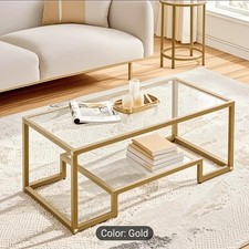 Modern Coffee Table Geometric Design Elegant Brass with Glass Top & Shelf