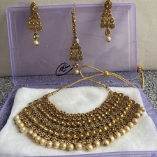 Indian Bridal Jewellery Set Gold Choker Faux Kundan/Stone & Pearl Necklace