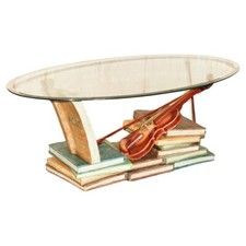 SUPER DECORATIVE MOZART STACKED BOOKS & VIOLIN COFFEE TABLE WITH GLASS OVAL TOP