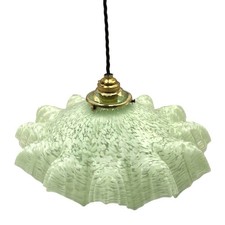 Vintage French Milk Glass Pendant Light – Green Mottled Shade & Brass Gallery