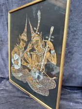 Vintage Framed Woodblock Print on Fabric Asian Oriental Musicans Thai Balinese