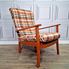 Retro Vintage Mid Century Modern Upholstered East Arm Fireside Chair - Tartan