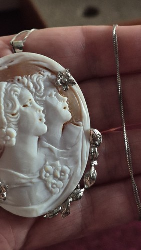 Cameo brooch also silver chain - cameo,