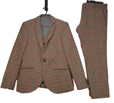 Harris Tweed Heart & Dagger 3 Piece Brown Plaid Check Wool Suit 38R W32S
