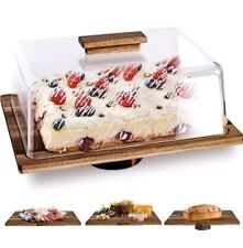 NWK 3-in-1 Cake Stand with Lid Rustic Acacia Wooden Cake Plate with Pedestal, F
