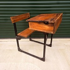 Vintage Oak & Iron Framed School Desk, Flip Lid & Seat, Ink Well - Prop Decor