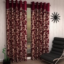 2 Piece Eyelet Polyester Scroll Frill Door Curtain Set - 7ft, Maroon