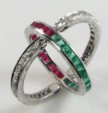  9CT WHITE GOLD INDIAN RUBY EMERALD DIAMOND REVERSIBLE HINGED RING Sz 9 US 