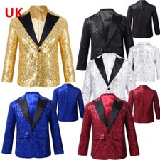 UK Kids Boys Shiny Sequins Blazer Coat Tuxedo Suit Wedding Banquet Prom Jackets