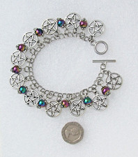 Charm Spell Bracelet with 10 Hematite 11 Pentacle - Pagan Wicca Witch Jewellery