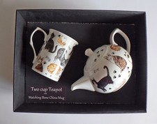 Cats 2 cup teapot,with matching bone china mug -  gift boxed.