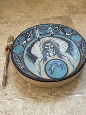 Clarence A Wells Signed Drum & Beater Native Canadian Art Orcas & Chief 10”