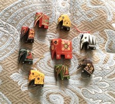 VTG Lot of  8 Hand-Carved, Hand-Painted Miniature Wooden ELEPHANTS Folk Art