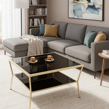 Fusion Glass Coffee/Cocktail Table, Brass Frame/Black Glass-CT30BS/BK
