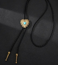Lovely Black Bolo Tie with Bronze Alloy Heart  Buckle & Stone  Cowboy Style