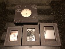 4pc Brown Faux Leather White Stitched 3pc Photo Picture Frame Set and Wall Clock