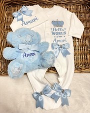 Baby Boy Clothes Outfit sleepsuit Hat Teddy Bear Bows Personalised Newborn