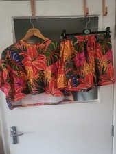 New tropical floral & leopard print co-ord top & shorts set M boho hippie retro