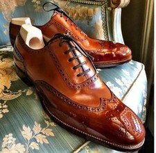 Tailor Made Cognac Patina Wingtip Oxford Brogues: High-Shine Leather Dress Shoes