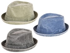 Mens Distressed Trillby Hat Denim Look Casual Cotton Diamond Crown Pork Pie Hat