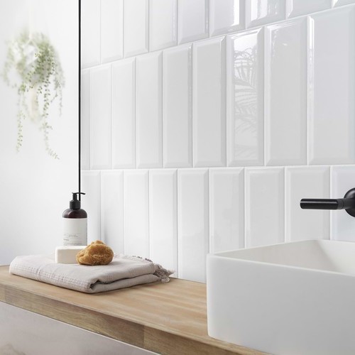 White metro bevelled wall tile - white,