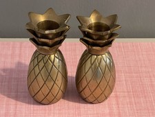Pair Of Solid Brass Pineapple Candlestick Holders 9.5cm Tall. Black Felt On Base
