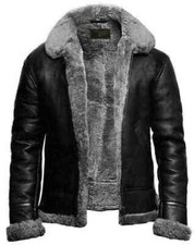 Men's RAF Aviator B3 Flying Bomber New Sheep Skin Real Leather Grey Black Jacket