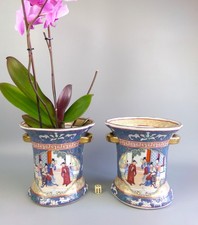 VTG Chinese Planters Plant Pots Vases x 2. Blue Famille Rose Pair. Ø 7.5" H 7"
