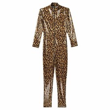 1-Women 2 Zipper Shiny Jumpsuit PVC Leather Long Sleeve Bodysuit Leopard Catsuit