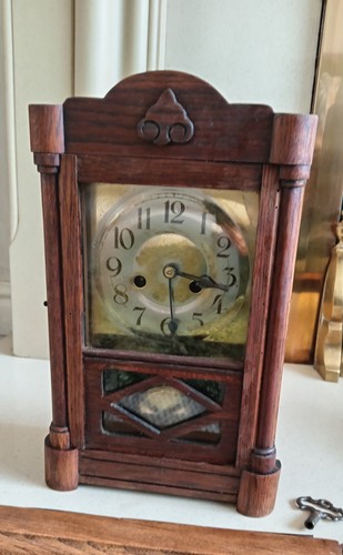 Antique oak mantel clock - mantel,